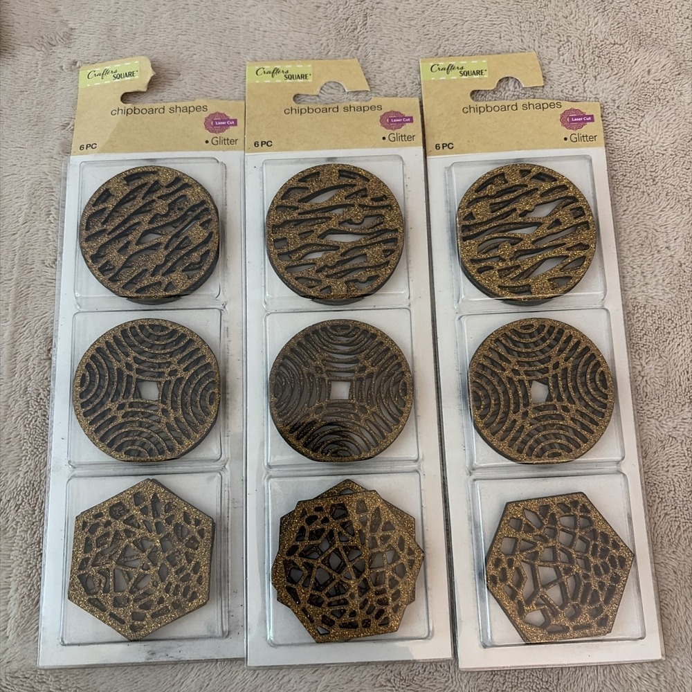 Lot Of 3 Packs Glitter Gold Shapes: Circles & Hexagon Shapes‎ Chipboard